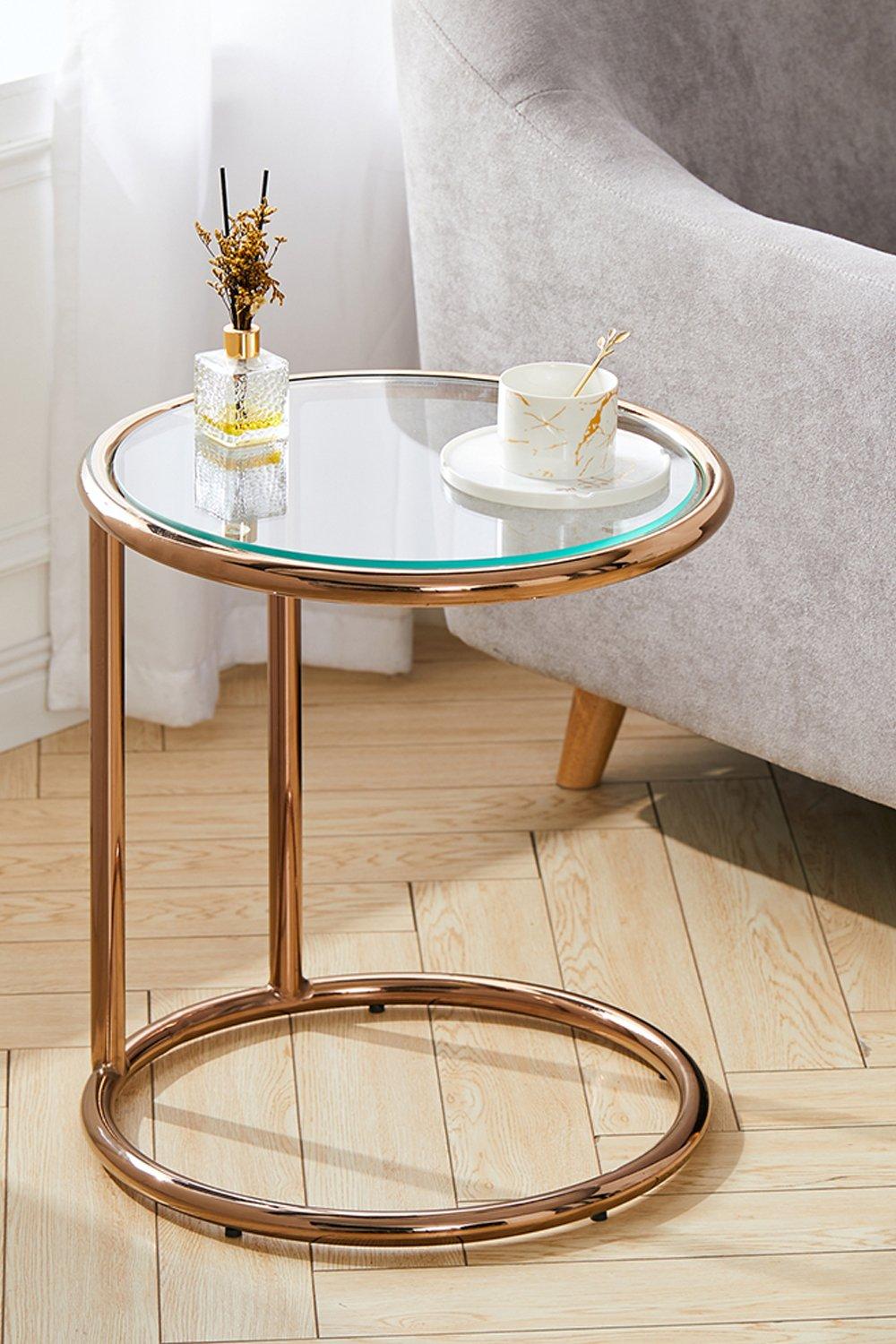 Clear Tempered Glass Round Side Table with Metal Base